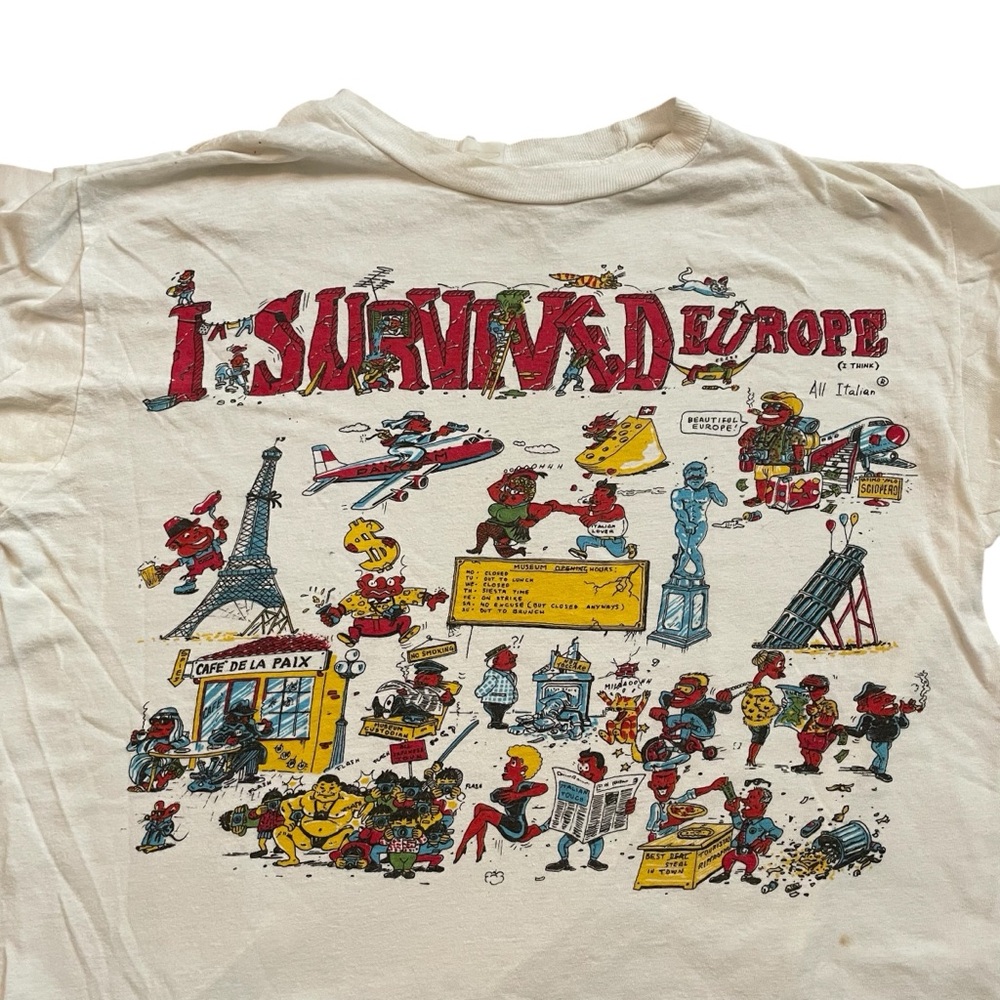 VINTAGE 80s 90s “I Survived Europe” Cartoon Shirt Single Stitch Crude Humor